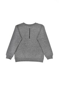 Gray sweatshirt made of soft fabric. Features a round neckline, long sleeves, and a vertical text detail on the back reading “UNDER CONSTRUCTION.”