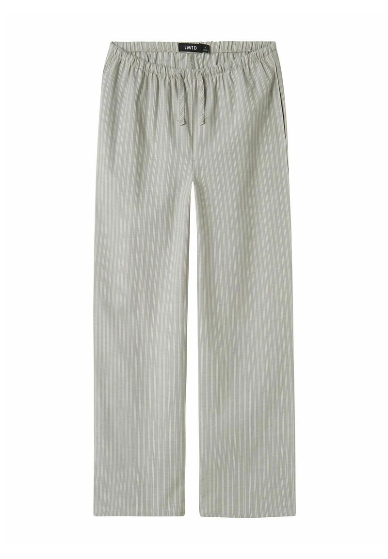 Pantaloni a gamba larga verde chiaro con un motivo a righe, vita elastica e cordoncino. Realizzati in un tessuto morbido e traspirante.