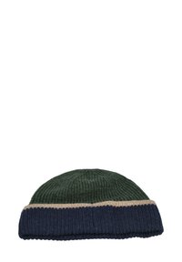 Knit beanie with a green top, a beige band, and a navy blue folded brim. Textured material with ribbed pattern throughout.