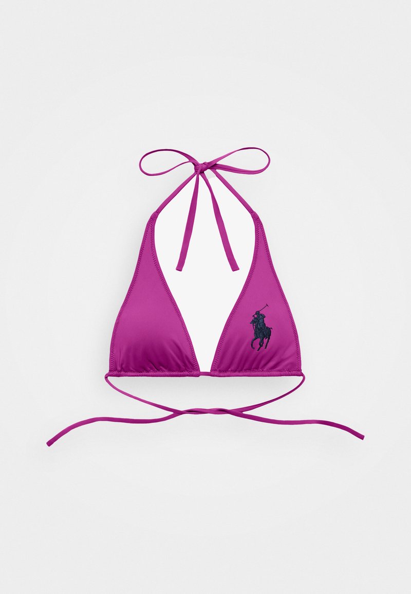 Vijolični bikini zgornji del v trikotni obliki, ki ima zaveze na vratu in hrbtu. Vključuje črn vezen logotip igralca polo. Gladka tekstura.