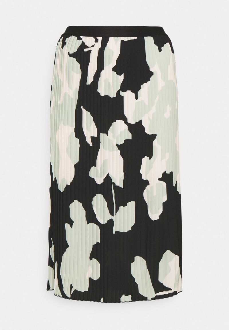Jupe midi plissée noire avec grands motifs floraux abstraits blancs et vert pâle et une ceinture ajustée.