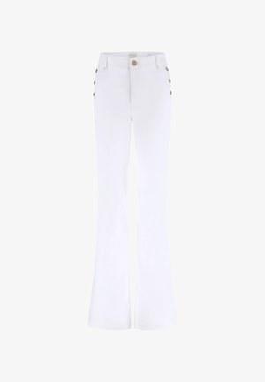 Bele bele hlače z visokim pasom in širokimi hlačnicami, z detajli stranskih gumbov in sprednjimi žepi, s kovinskim gumbom za zapenjanje in zankami za pas.