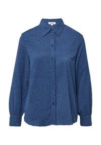 Chemise bleue à manches longues avec texture, à col pointu et poignets boutonnés, taille 36, étiquette de marque visible à l'intérieur du col.