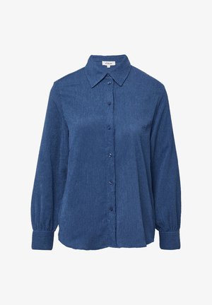 Modra dolgrokavna srajca z gumbi in teksturo, z nazobčanim ovratnikom ter manšetami, velikost 36, oznaka blagovne znamke vidna znotraj ovratnika.