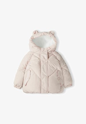 Padded puffer jacket in soft pink with bear ears on the hood, featuring a zip closure, side pockets, and elastic cuffs.