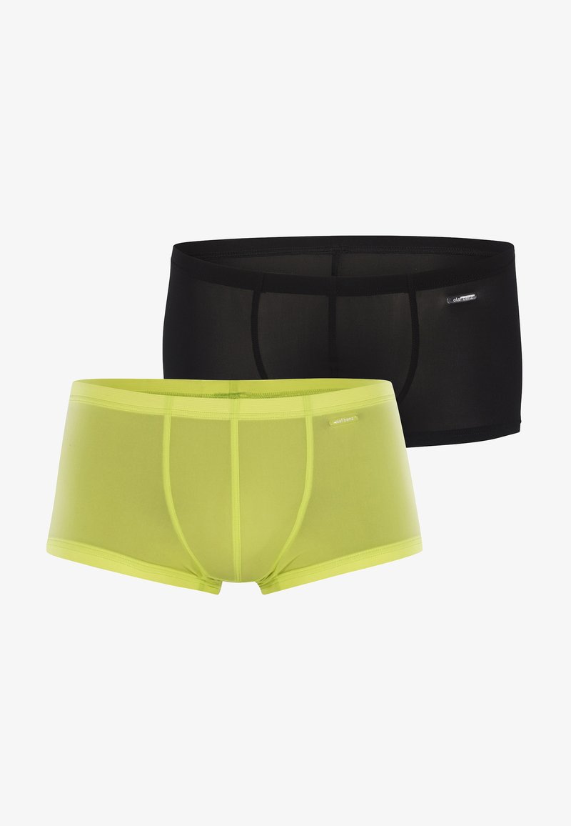 Boxer da uomo in rete nera e verde neon. Il modello nero presenta un design solido, mentre quello verde è semi-trasparente con cuciture a contrasto.