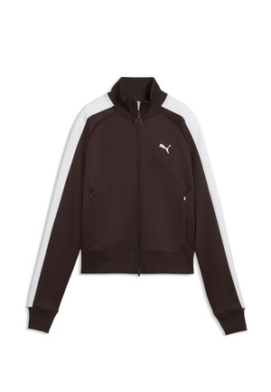 Veste zippée marron foncé avec des rayures blanches sur les manches, col et poignets côtelés, deux poches zippées et un logo Puma blanc sur la poitrine.