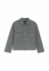 Grå uldblandet jakke med krave, knaplukning og to brystlommer. Har en afslappet pasform og tekstureret stof.