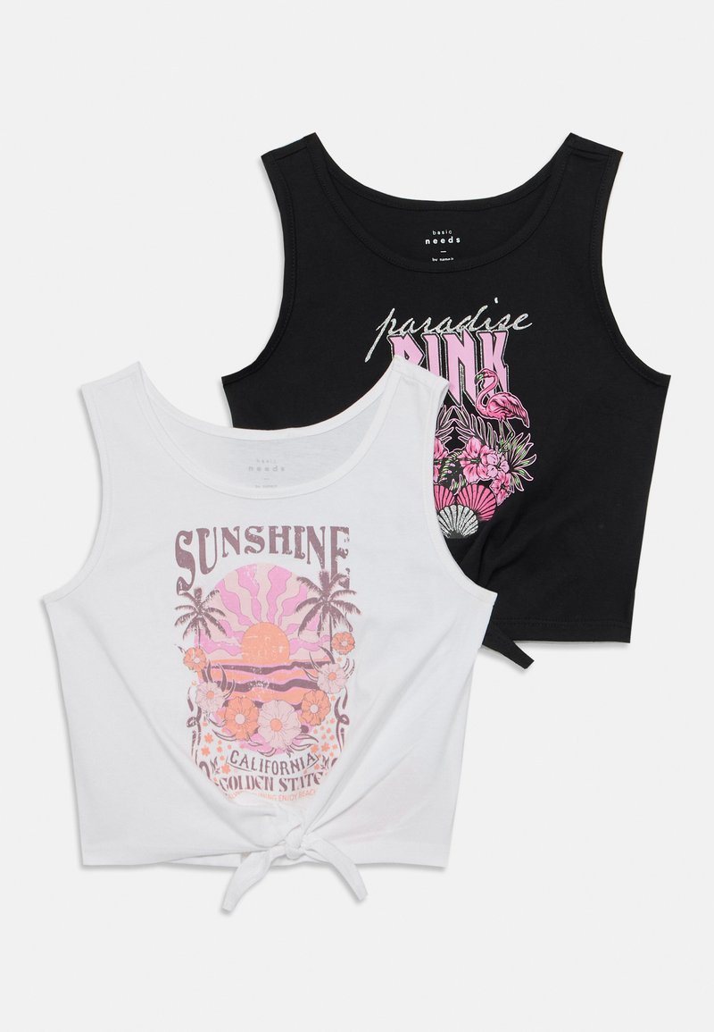 Δύο αμάνικα crop tops: ένα μαύρο με γραφικό "paradise PINK" και ένα άσπρο με γραφικό "SUNSHINE", που διαθέτει λεπτομέρεια κόμπου στο μπροστινό μέρος.