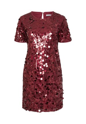 Burgunderfarbenes Kleid mit kurzen Ärmeln, das mit Pailletten bedeckt ist, und einem runden Ausschnitt sowie einem Schlüssel-Loch-Verschluss auf dem Rücken. Glatte, glänzende Textur über das gesamte Kleid.