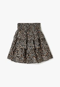 Gonna a strati in stampa leopardo nera e beige con accenti arancioni; presenta una vita smockata e strati arricciati per aggiungere texture.