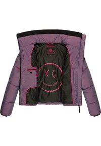 Puffy jacket in purple with black lining. Features pink accents and logo print inside. Zipper closure and soft texture.