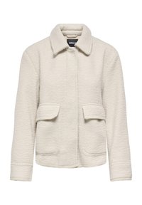 Kremfarget teksturert jakke med krage, lange ermer og to lommer med klaff foran, designet for en avslappet passform.