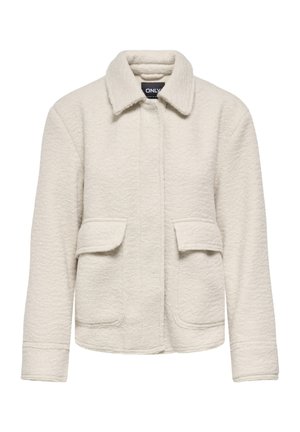 Kremo spalvos tekstūruotas švarkelis su apykakle, ilgomis rankovėmis ir dviem priekinėmis kišenėmis su atvartais, sukurtas patogiam, laisvam prigludimui.