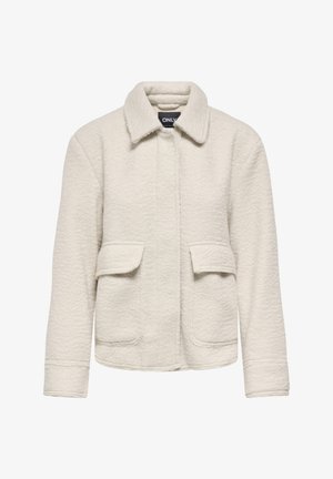 Kremowa teksturowana kurtka z kołnierzem, długimi rękawami i dwoma przednimi kieszeniami z patkami, zaprojektowana na luźny fason.