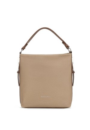 Beige strukturiert handgefertigte Handtasche mit rechteckiger Form. Brauner Lederriemen und dezentes Branding auf der Vorderseite. Verfügt über einen Reißverschluss.