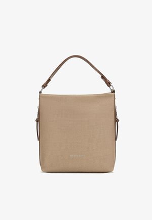 Beige textuur handtas met een gestructureerde rechthoekige vorm. Bruine leren strap en subtiele branding aan de voorkant. Voorzien van een ritssluiting.