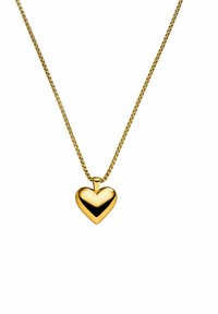 Goldkette mit einem polierten herzförmigen Anhänger, der eine glatte Oberfläche und eine feine Kette aufweist. Die Größe des Anhängers ist im Design hervorstechend.