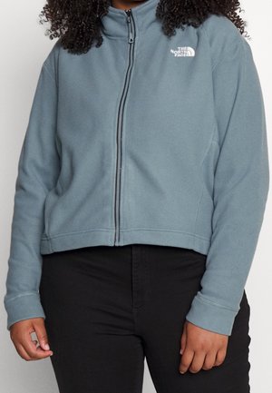 Person iført en lyseblå fleecejakke med fuld lynlås og The North Face-logo, kombineret med sorte bukser, stående mod en ensfarvet baggrund.
