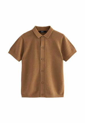 Polo marron à manches courtes en maille avec motif texturé, patte de boutonnage à l’avant et col et poignets en côtes.