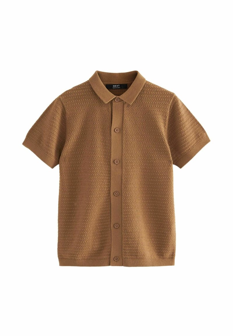 Polo marron à manches courtes en maille avec motif texturé, patte de boutonnage à l’avant et col et poignets en côtes.