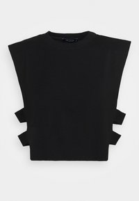 Černý bezrukávový pletený cropped top s výstřihem po stranách, držený dvěma horizontálními pásky na každé straně, kulatý výstřih.