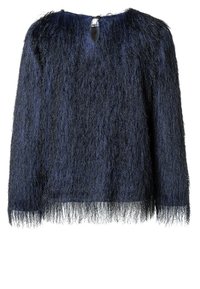 Marineblauer flauschiger Pullover mit langen, strukturierten Fasern, rundem Halsausschnitt, Schlitz hinten und kontrastierendem glattem Saum.