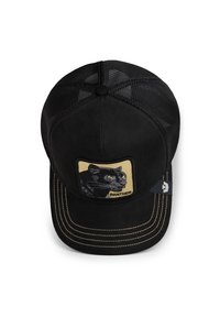 Black cap with mesh back, featuring a suede front with a yellow patch displaying a panther illustration. Stitched accents in yellow.