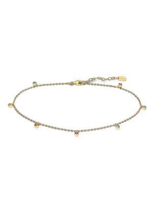 Bracelet en chaîne en or avec des accents de pierres précieuses colorées, présentant un design délicat et un fermoir à homard pour une fermeture sécurisée.