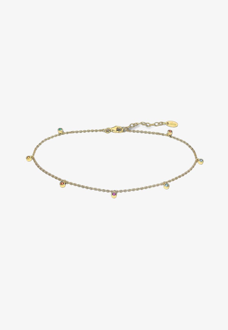 Bracelet en chaîne en or avec des accents de pierres précieuses colorées, présentant un design délicat et un fermoir à homard pour une fermeture sécurisée.