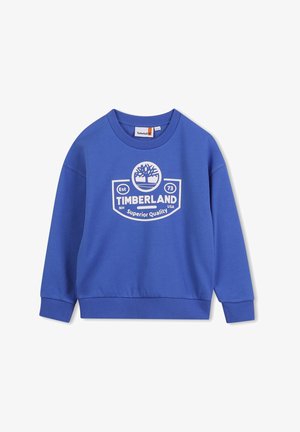Sweat-shirt bleu en coton, avec un col rond, des manches longues et un logo imprimé sur le devant avec un graphique d'arbre et le nom de la marque.