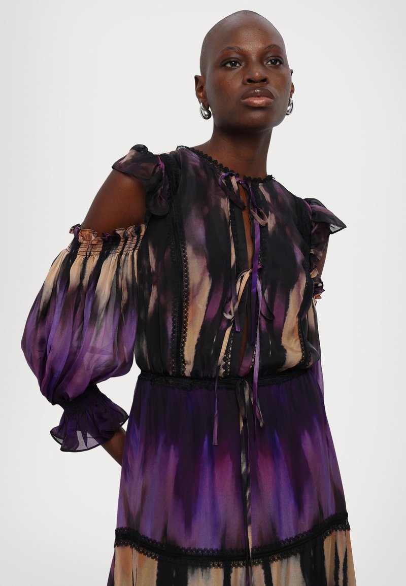 open lace back dress Marchesa Notte Purple Beaded Pleats Spaghetti Strap Long Gown - BOPF