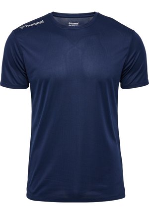 Marineblaues kurzärmeliges Sport-T-Shirt mit Rundhalsausschnitt, atmungsaktivem Stoff und weißen hummel-Logos auf der Brust und der linken Schulter.