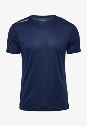 T-shirt de sport bleu marine à manches courtes, col rond, tissu respirant, avec logos hummel blancs sur la poitrine et l'épaule gauche.