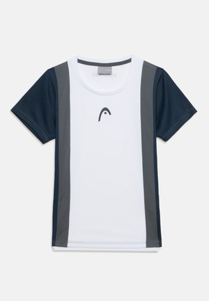 Korte mouwen sportshirt met wit middenpaneel, grijze verticale strepen, donkere mouwen en een klein zwart logo op de borst.