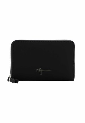 Black leather wallet with a zip closure, featuring a sleek design and a textured surface, marked by a subtle logo accent.