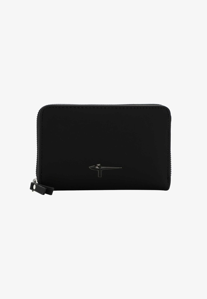 Czarna skórzana portmonetka z zamknięciem na zamek, o eleganckim designie i fakturowanej powierzchni, ozdobiona subtelnym logo.