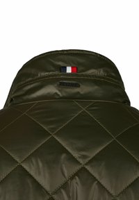 Gequilted olijfgroene jas achterkant met verhoogde kraag, voorzien van een klein zwart merklogo en een gestikte rood-wit-blauwe vlagpatch.