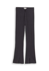 Pantalons évasés en tissu gris foncé, avec des fentes à l'avant à l'ourlet, des détails de couture subtils et une taille ajustée.