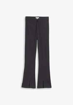 Spodnie dzwony z ciemnoszarego materiału, z przednimi rozcięciami na dole, subtelnymi detalami haftu oraz dopasowanym pasem.