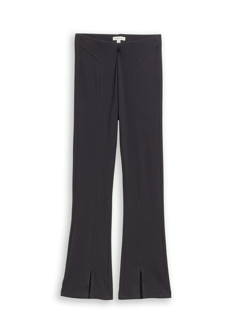 Pantalons évasés en tissu gris foncé, avec des fentes à l'avant à l'ourlet, des détails de couture subtils et une taille ajustée.