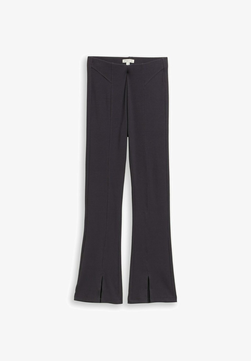 Široke hlače iz temno sive tkanine, z sprednjimi zarezami na robu, subtilnimi šivi in prilegajočim se pasom.