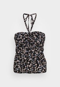 Top halter floreale nero con fiori rosa chiaro e blu, busto arricciato e spalline regolabili. Tessuto leggero con vestibilità morbida.