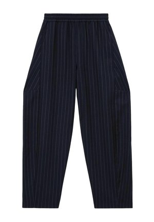 Tmavomodré nohavice s prúžkami, elastickým pásom a bočnými vreckami, s rovnými pohodlnými nohavicami.