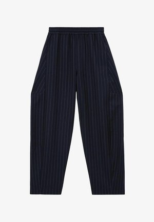 Pantaloni a righe sottili blu navy con vita elasticizzata e tasche laterali, caratterizzati da una vestibilità dritta e comoda.