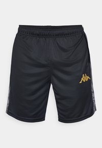 Svart treningsshorts laget av pustende mesh-materiale, med en gulllogo på venstre bein og grå sideaksenter. Elastisk midjebånd inkludert.
