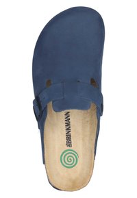 Blue leather slip-on shoe with a rounded toe, decorative cutouts, and a buckle detail. Soft interior with a printed logo.