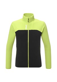 Black and bright lime green zip-up jacket with a high collar, textured fabric, and side pockets. Features a contrasting color block design.
