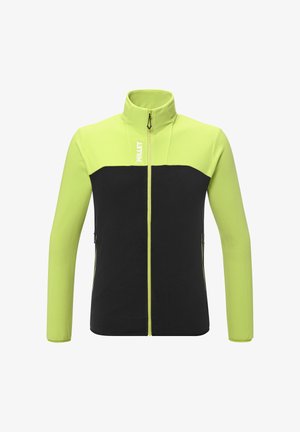 Veste zippée noire et vert lime vif avec un col haut, en tissu texturé, et des poches latérales. Présente un design en blocs de couleurs contrastantes.