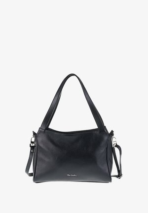 Borsa a tracolla in pelle nera con superficie texturizzata, doppi manici, tracolla removibile e dettagli in metallo argentato. Design semplice e funzionale.